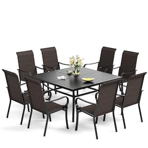 9-Piece Metal Outdoor Dining Set with Square Table and Curved Armrest High-Back Rattan Chairs