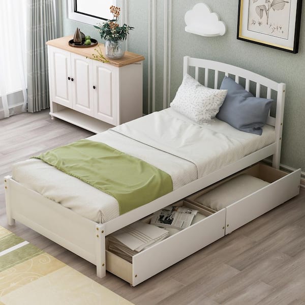 Harper & Bright Designs White Wood Frame Twin Size Platform Bed with Two Drawers and Headboard