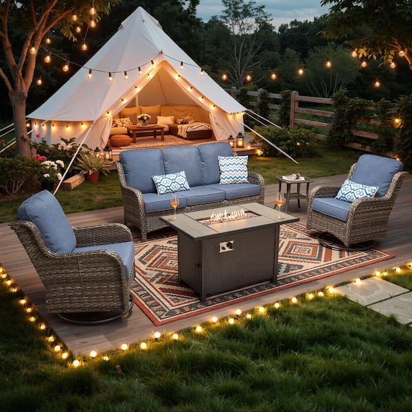 Joyoung Gray 5-Piece Wicker Patio Rectangle Fire Pit Conversation Set with Denim Blue Cushions and Swivel Chairs