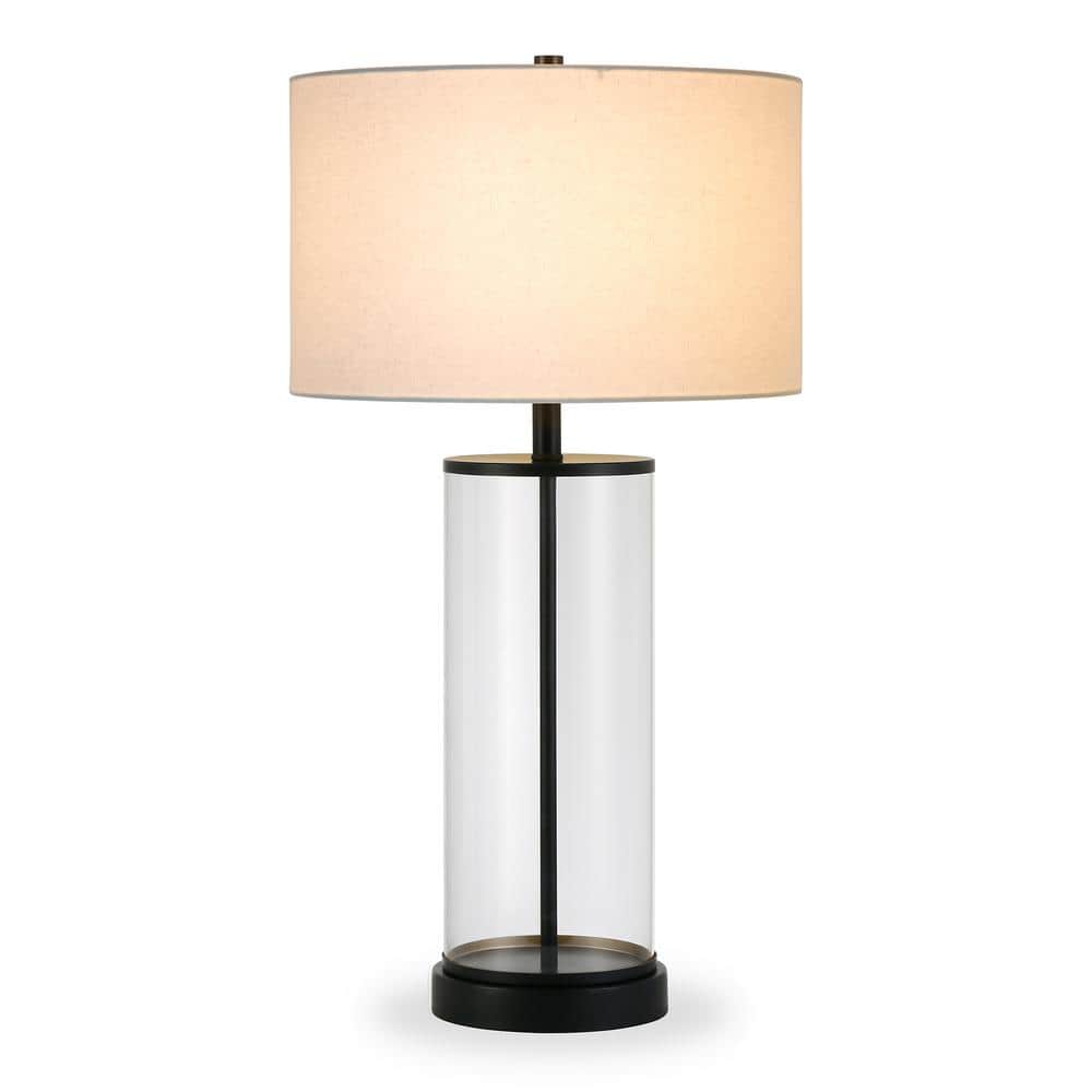 Blackened Bronze and Glass Cylinder Table Lamp with Linen Shade