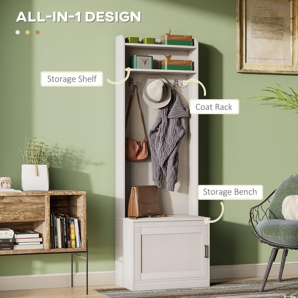 White Wood Hall Tree with Storage Bench and Coat Hooks