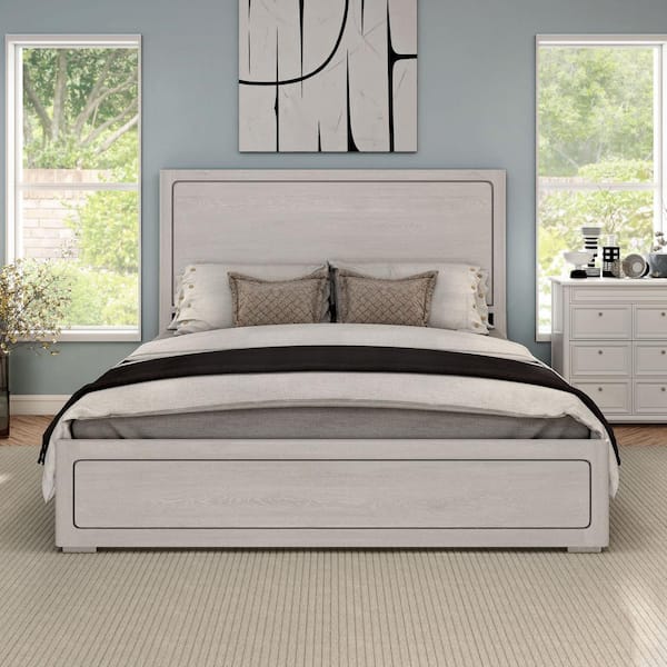 Rally White Wood Frame Queen Panel Bed with Rounded Edges