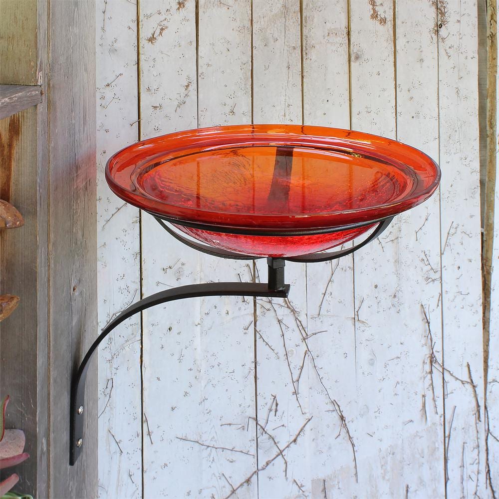 Tomato Red Crackle Glass Wall-Mounted Birdbath with Iron Bracket