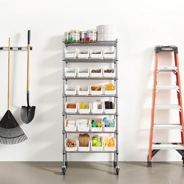 7-Tier Rolling Bin Storage Rack with Wheels, Mobile Steel Wire Tool Organizer, 24 Small Bins for Garage, 42 Gal.