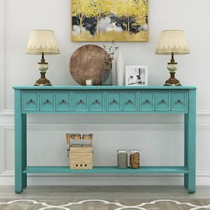 Rustic Entryway Console Table, 60" Long Sofa Table with two Different Size Drawers and Bottom Shelf for Storage - Blue