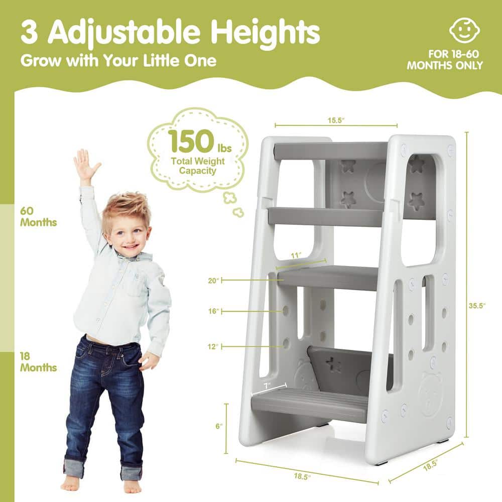 Adjustable Gray Toddler Kitchen Helper Step Stool with Safety Rails