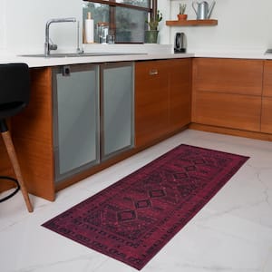 Olympus Red 2 ft. 2 inch.X 6 ft. Machine Washable Vintage-Turkoman Oriental Bokhara Polyester Non-Slip Backing Area Rug