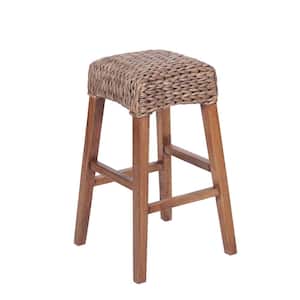 Maui 29.5 in. Rustic Bohemian Hyacinth/Wood Backless Bar Stool, Brown Wash Woven Seat with Natural Wood Frame
