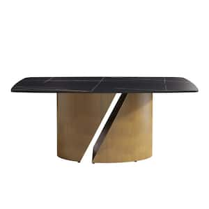 71 in. Rectangle Round Edge Sintered Stone Top Pedestal Pandora Bronze Metal Base Dining Table (Seats 8)