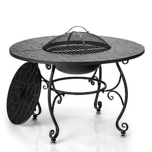 Round Metal 22.5 in. Outdoor Fire Pit Dining Table Charcoal Wood Burning W/Cooking BBQ Grate