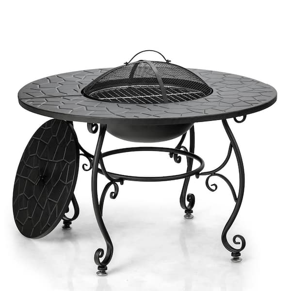Costway Round Metal 22.5 in. Outdoor Fire Pit Dining Table Charcoal Wood Burning W/Cooking BBQ Grate