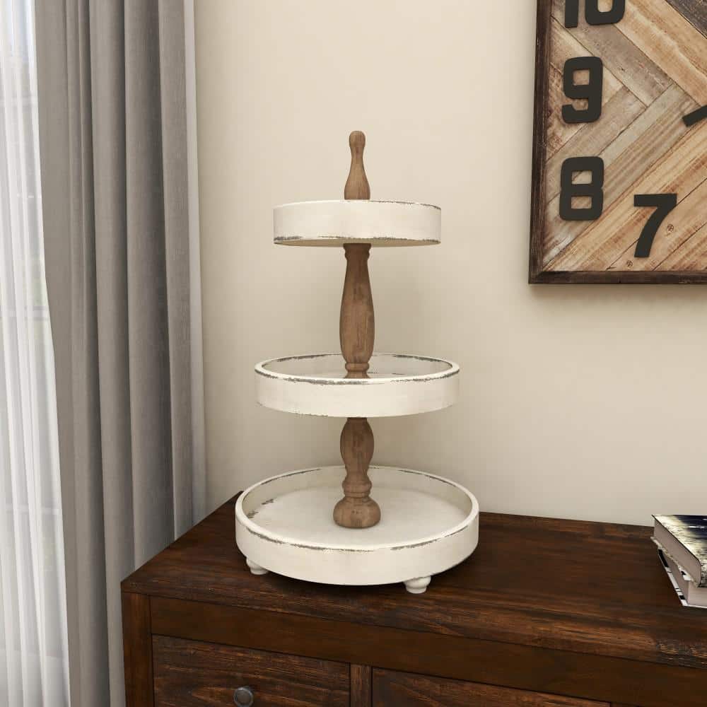 Distressed White and Brown Wood 3-Tier Round Serving Tray