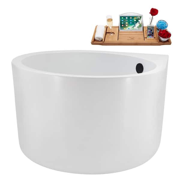Streamline 47 in. x 39 in. Acrylic Freestanding Soaking Bathtub in Glossy White with Matte Black Drain, Bamboo Tray