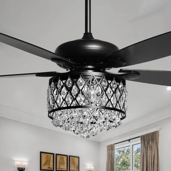 Berkshire 52 in. Crystal Downrod Mount Black Ceiling Fan With Light Kit and Remote Control
