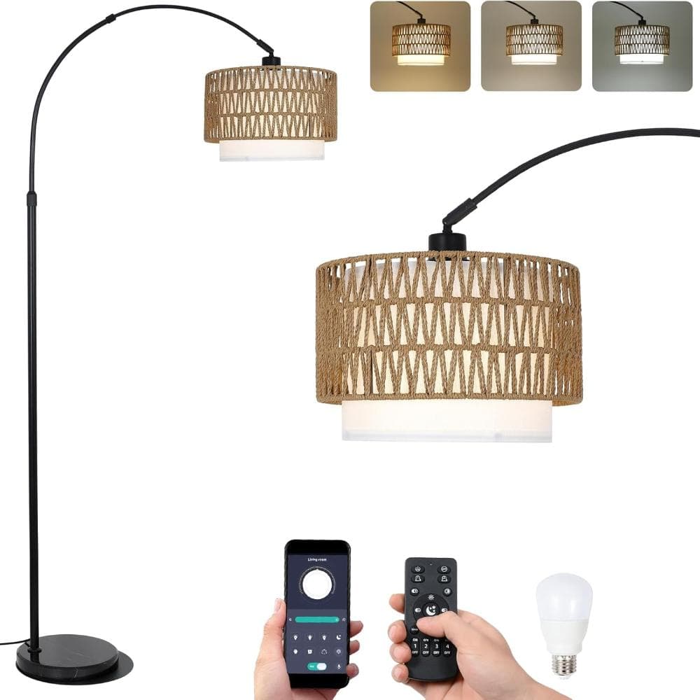 72.8 in. Brown Black Remote Control Arc Floor Lamp Dimmable Bulb Fabric Rattan Shade For Living Place Bedroom price history on PriceWatchPro