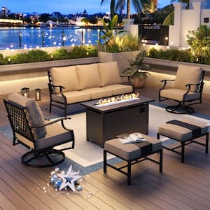 Black Metal Meshed 7 Seat 6-Piece Steel Outdoor Fire Pit Patio Set with Beige Cushions, Black Rectangular Fire Pit Table