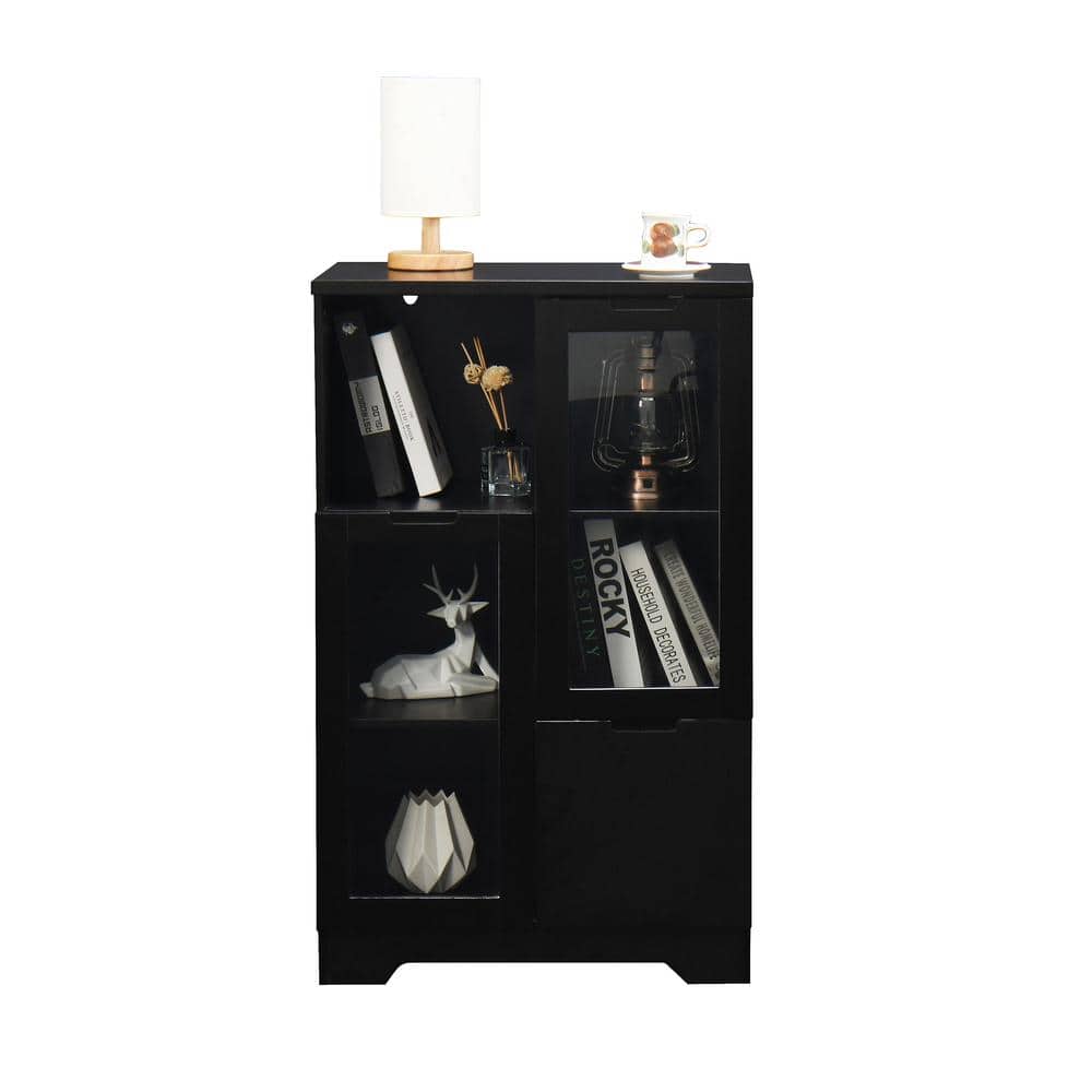 Black 39.4 in. Wood Storage Cabinet with 2 Glass Door and Storage Space Flo