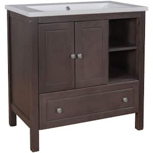 BY12 30 in. W x 18 in. D x 32 in. H Single Sink Freestanding Bath Vanity in Brown with White Ceramic Top