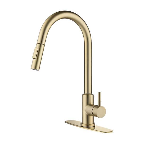 Aosspy Single Handle Touch Deck Mounted Pull Down Sprayer Kitchen Faucet with Spot Resistant in Brushed Gold