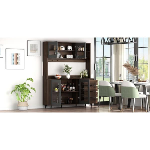 FUFU&GAGA 78.7 in. H Brown Storage Cabinet, Kitchen Organization with Louvered Doors and Adjustable Shelves