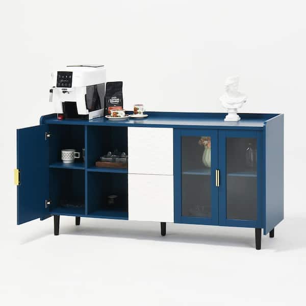 Unbranded Blue Modern Wood Pantry Organizer with 2-Drawers, 2-Open Storage Compartment and 2-Glass Doors