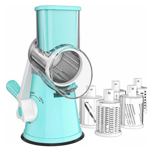 Blue Rotary Cheese Grater Hand Crank with Five Stainless Steel Blades Non-slip Suction Base for Cheese Nuts