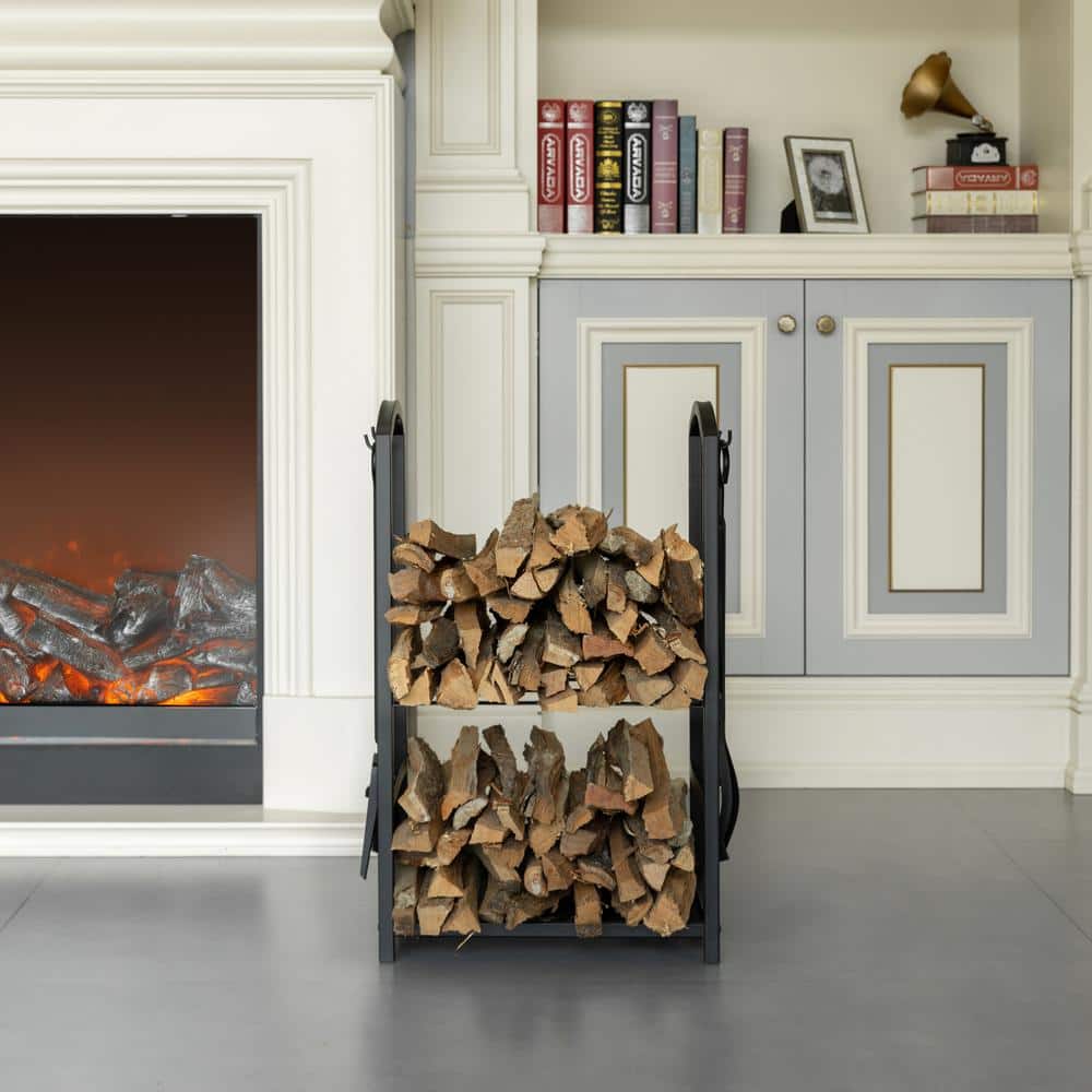 Black Iron Outdoor Firewood Log Cart with Tool Rack