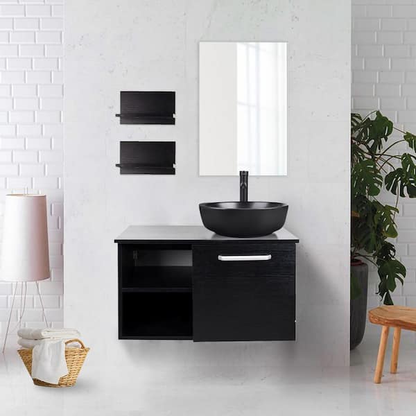 28 in. W x 19 in. D x 16 in. H Single Sink Bath Vanity in Black with Black Solid Surface Top and Mirror