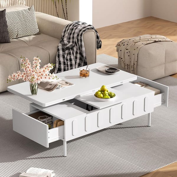 Multi-Functional 43.3 in. White Lift-Top Rectangle Wood Coffee Table with Foldable Top, 2 Drawers, Hidden Storage