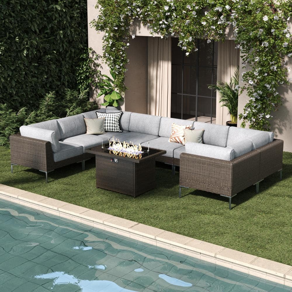 9-Piece Wicker Rattan Patio Sofa Sectional Conversation Set with Fire Pit Table and Gray 6-inch Cushions price history on PriceWatchPro