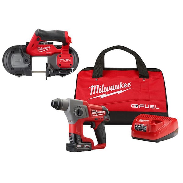 Milwaukee M12 FUEL 12V Lithium-Ion Brushless Cordless 5/8 in. SDS-Plus Rotary Hammer Kit with M12 FUEL Compact Band Saw