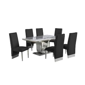 Ada 7-Piece White Marble Top with Stainless Steel Base Table Set with 6-Black Velvet, Nail Head Trim Chairs