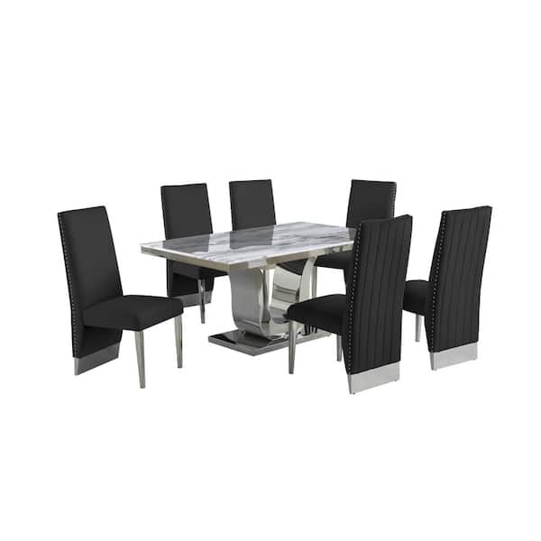 Best Quality Furniture Ada 7-Piece White Marble Top with Stainless Steel Base Table Set with 6-Black Velvet, Nail Head Trim Chairs
