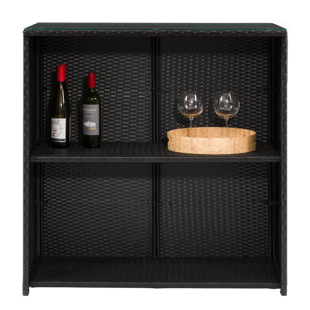 Parksville Black Resin Wicker and Steel Patio Bar Set with Grey Cushions