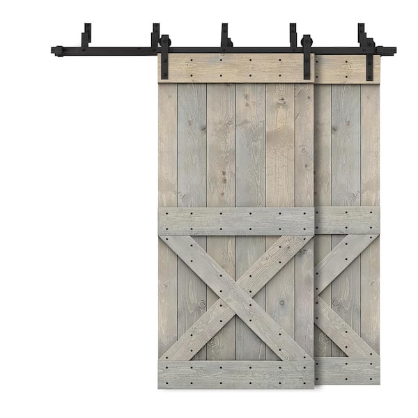 CALHOME 40 in. x 84 in. Mini X-Bypass Smoke Gray Stained DIY Solid Wood Interior Double Sliding Barn Door with Hardware Kit
