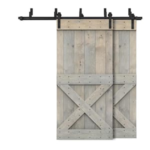 52 in. x 84 in. Mini X-Bypass Smoke Gray Stained DIY Solid Wood Interior Double Sliding Barn Door with Hardware Kit