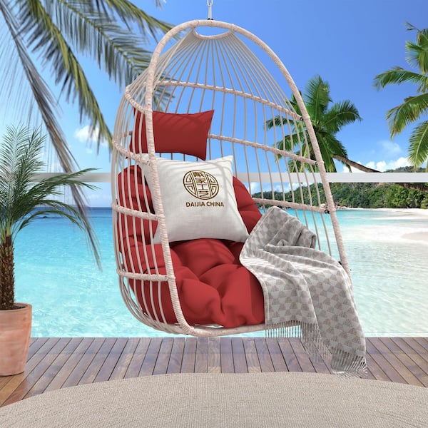 Outdoor HDPE Plastic Garden Rattan Egg Swing Chair Patio Swing Hanging Chair with Red Cushion