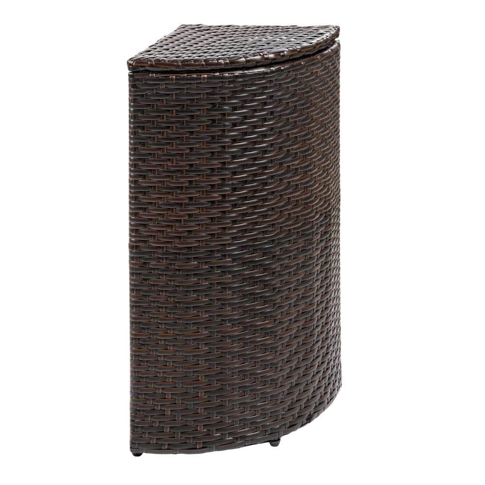 Brown Faux Wicker Corner Outdoor Trash Can with Lid