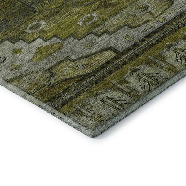 Mayfield Premium Machine Washable Abstract AMF1776 Olive 2 ft. 3 in. x 7 ft. 6 in. Runner Rug