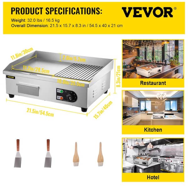 VEVOR 22 Commercial Electric Griddle,Electric Countertop Flat Top Griddle  110V 1600W,Non-Stick Restaurant Teppanyaki Stainless Steel Grill  ,Adjustable Temperature Control 122°F-572°F.
