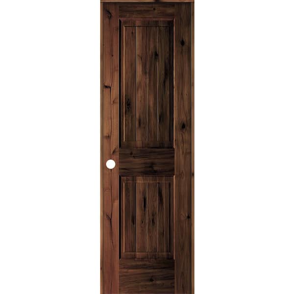 Krosswood Doors 24 in. x 80 in. Knotty Alder 2 Panel Right-Hand Sq. Top V-Groove Red Mahogany Stain Wood Single Prehung Interior Door