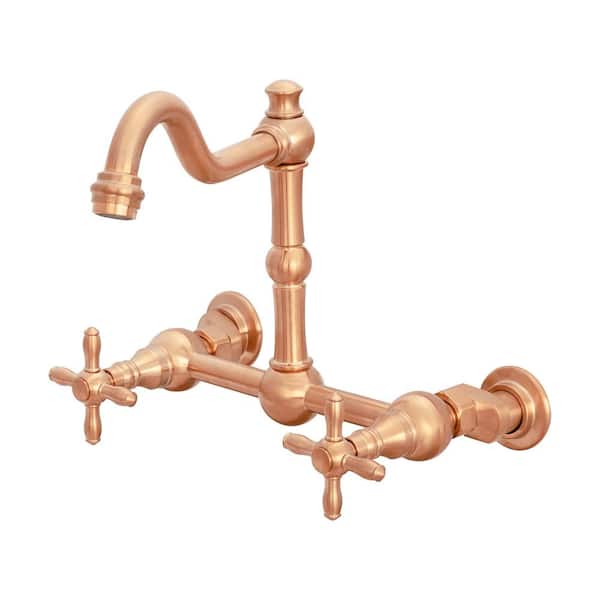 Akicon Solid Brass Wall Mount Kitchen Sink Faucet with 2 Cross Handles, Copper