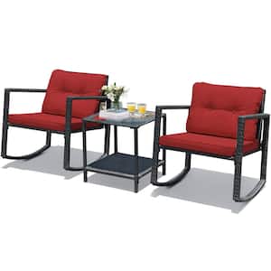 Black 3-Piece Rattan Wicker Patio Conversation Set Rocking Chairs With Red Cushions