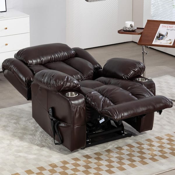 Dual Motor Leatheraire Power Lift Recliner Chair with Vibration Massage and Lumbar Heating, Cup Holders-Wine Red