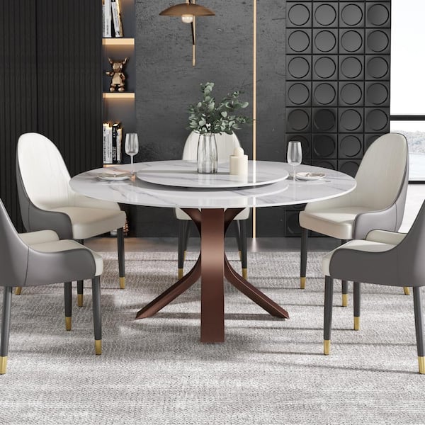 White Marble Top 53 in. Pedestal Carbon Steel Base Dining Table Seats 6 with Lazy Susan