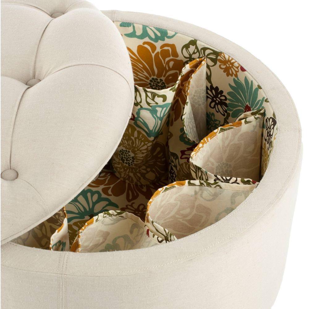 Luxurious Tufted Linen Round Storage Ottoman in Off-White