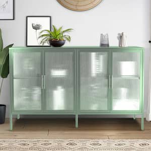 59.17 in. W Light Green Anti-Tip Tempered Glass Cabinet with 4-Glass Doors and Adjustable Shelf and Feet