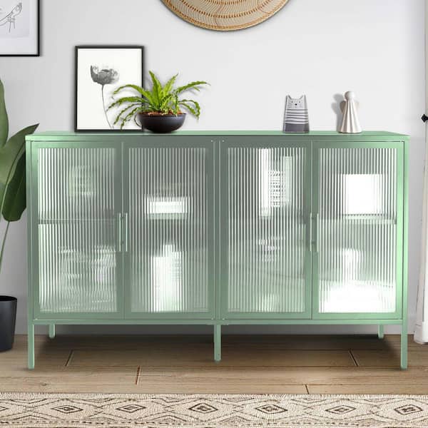 FUNKOL 59.17 in. W Light Green Anti-Tip Tempered Glass Cabinet with 4-Glass Doors and Adjustable Shelf and Feet