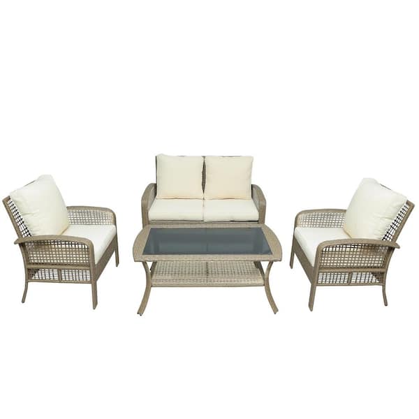 Unbranded Brown 4-Piece Wicker Outdoor Patio Conversation Seating Set with Beige Cushions