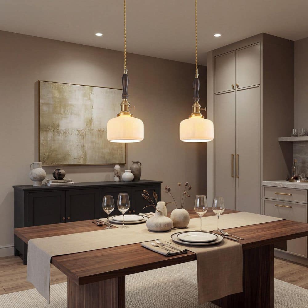 Home Lighting 60W 1Light White D2-Pack Modern Striped Ceramic Pendant Light Walnut Wood Hanging Light for Kitchen Island price history on PriceWatchPro